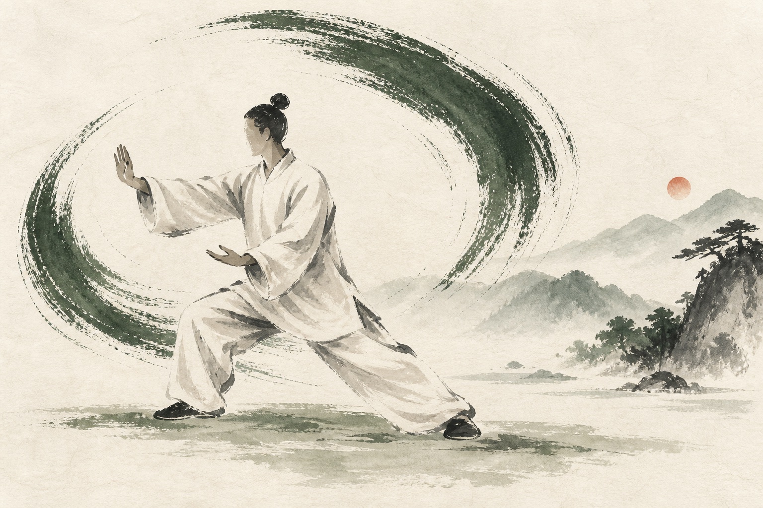 以水墨笔触表现步法与身姿的太极拳意象插画